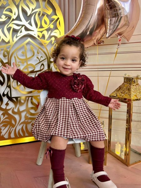 فستان بيبي عنابي كاروهات مع وردة مزخرفة – Burgundy Baby Party Dress