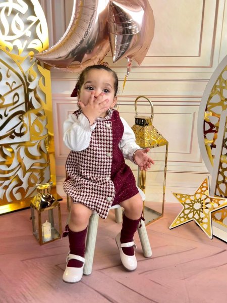 فستان بيبي عنابي كاروهات بتصميم أنيق – Burgundy Baby Dress